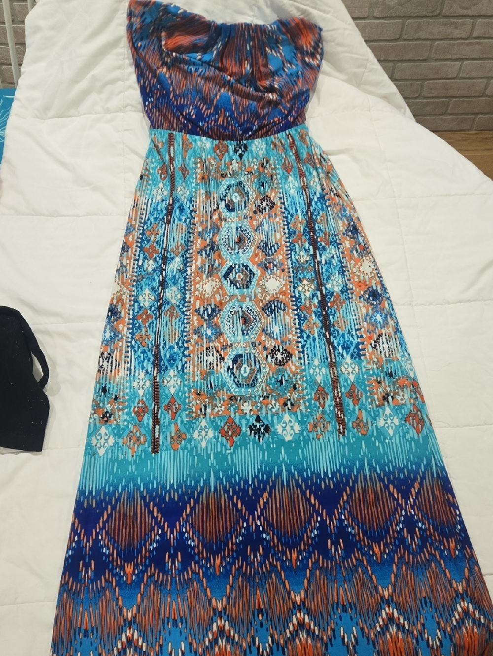 Bisou Bisou Strapless Maxi Dress in Turquoise, Blue & Orange
